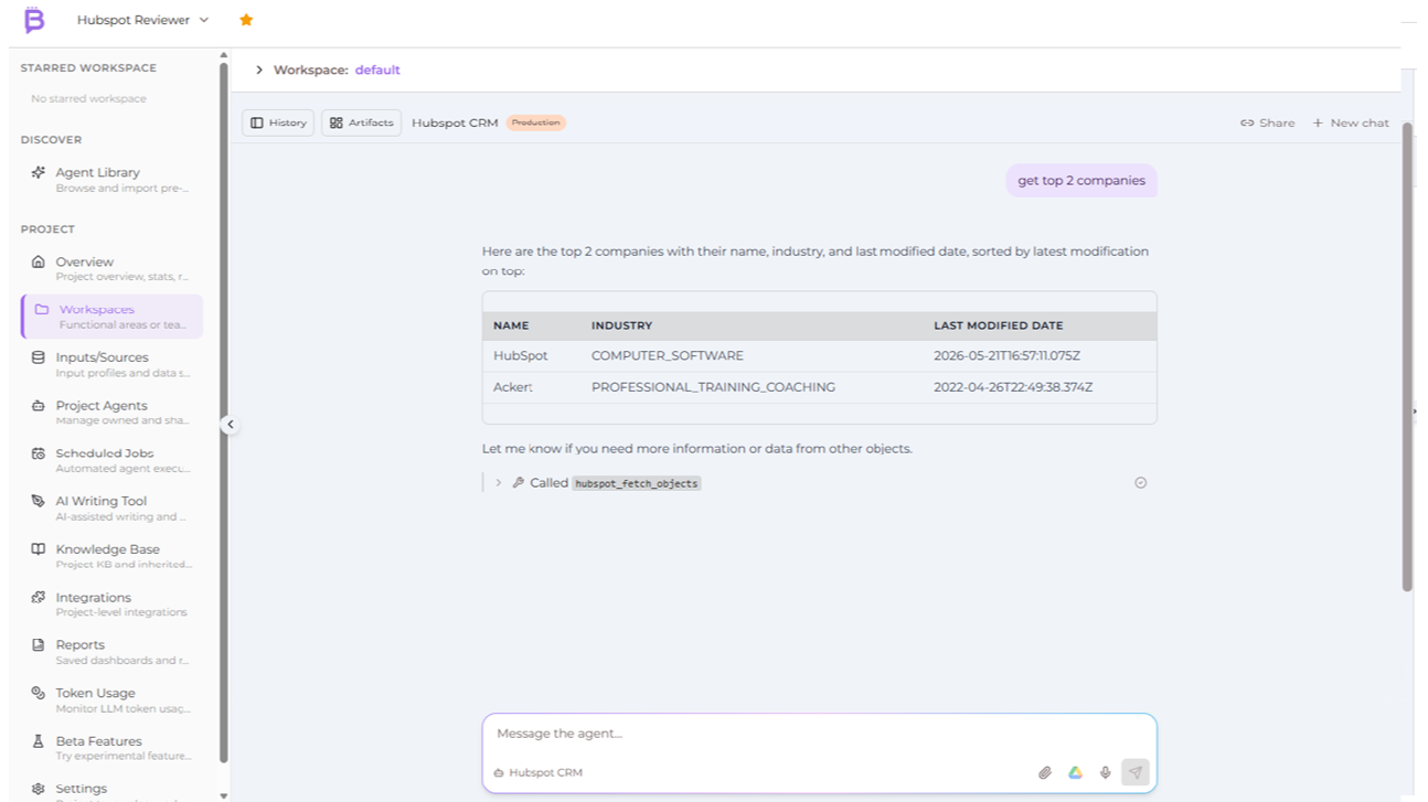Brazenly analyzing HubSpot companies and returning results in a chat.