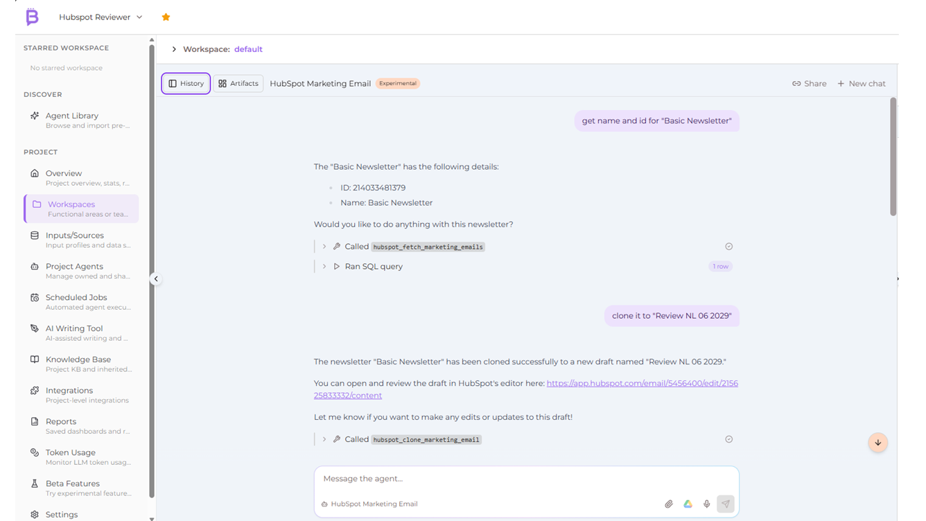 Attaching an image file in the Brazenly chat to add it to a HubSpot marketing email draft.