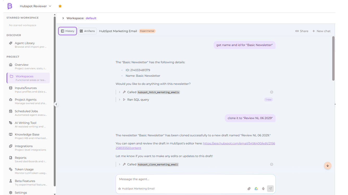 Brazenly cloning a HubSpot email template into a new draft from a chat prompt, with a link to review it in HubSpot.
