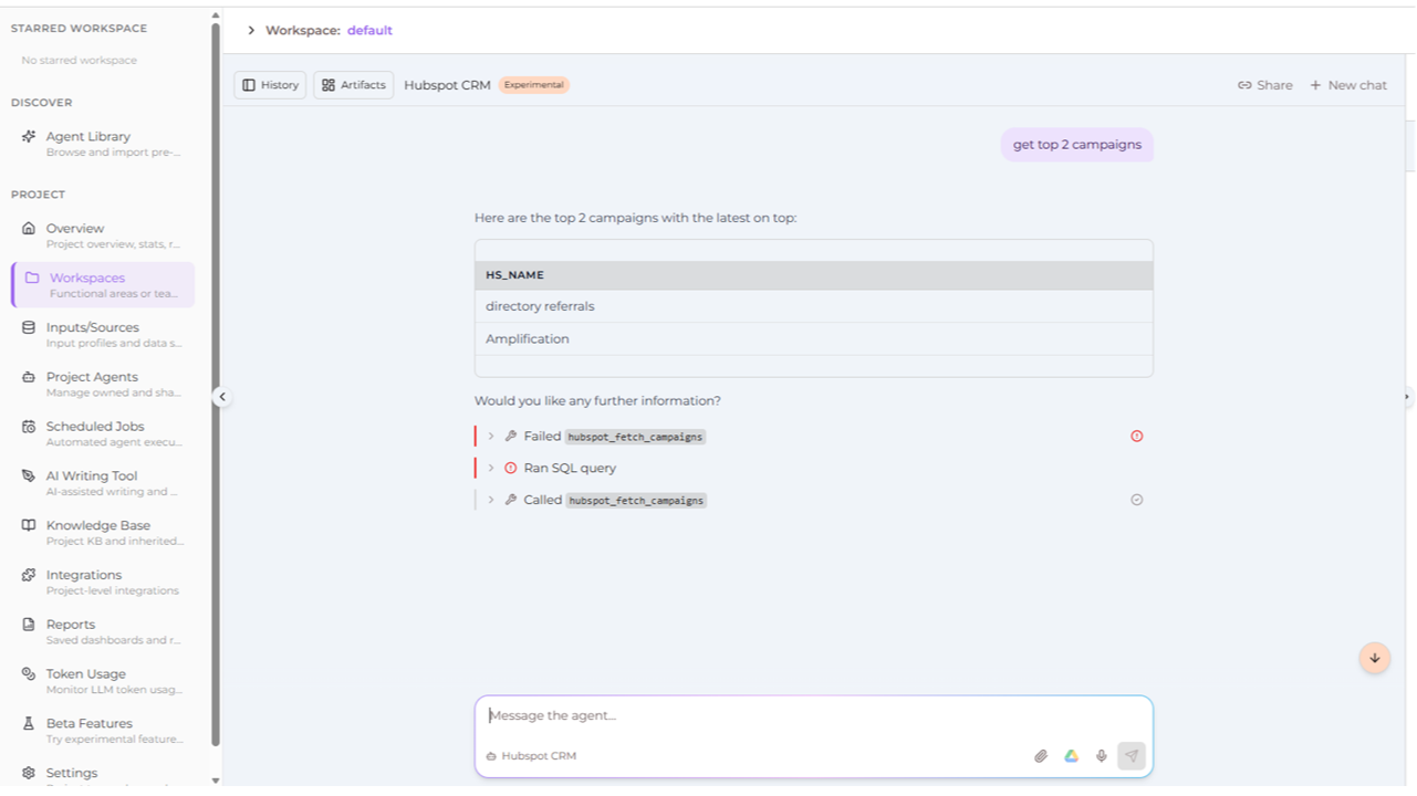 Brazenly listing HubSpot marketing campaigns with names, dates, and status in a chat.