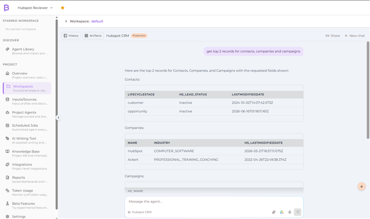 Brazenly listing HubSpot contacts, companies and campaigns